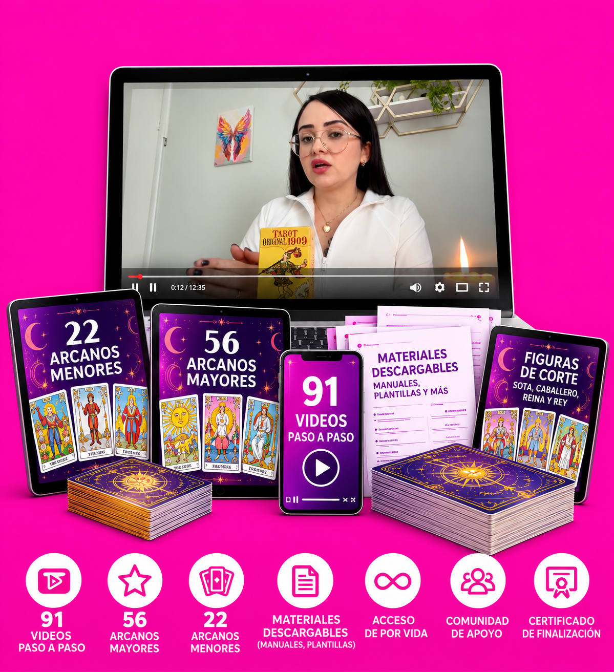 Curso de Tarot en vídeo y materiales: 91 vídeos paso a paso, 56 arcanos mayores, 22 menores, materiales descargables, acceso de por vida, comunidad y certificado